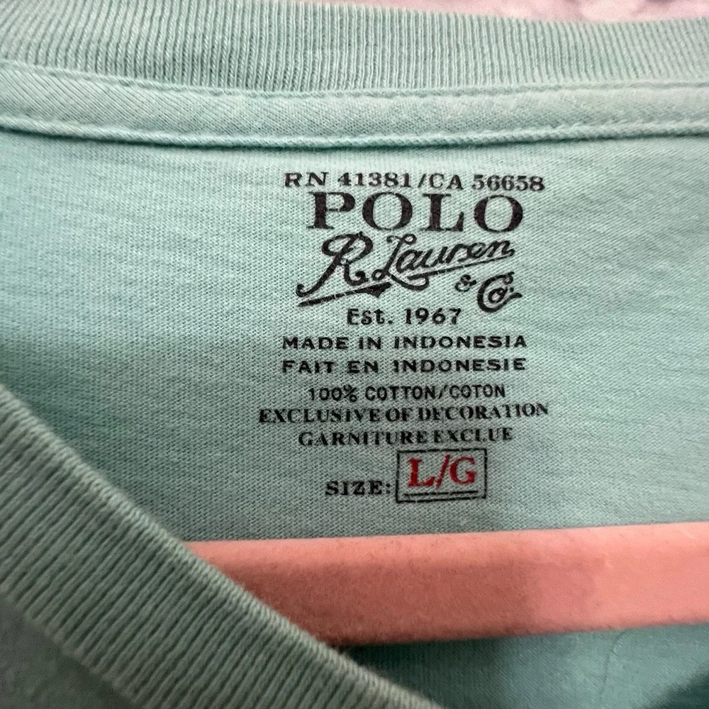 Polo Ralph Lauren Mint Green Classic V-Neck Tee T-Shirt Orange Pony Size L